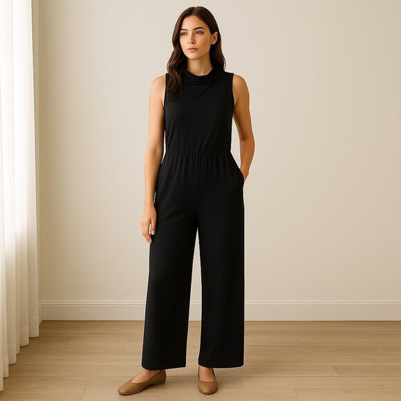 Pact Women Jumpsuit Size XL Black Organic Cotton Wide Leg Minimalist Sustainable - Picture 1 of 14